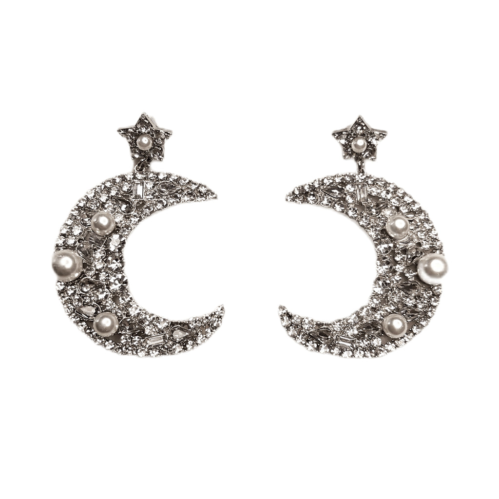 Star & Moon Rhinestone Earrings - Silver