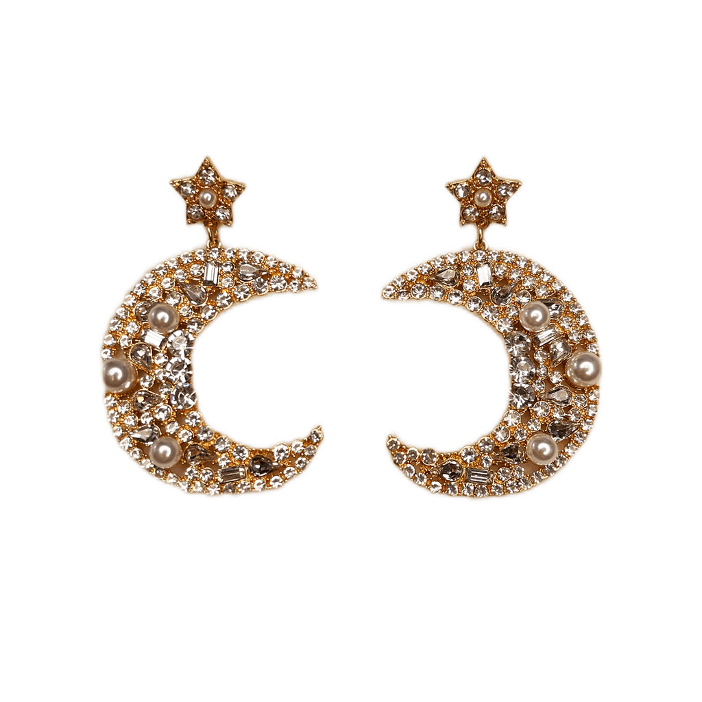 Star & Moon Rhinestone Earrings - Gold