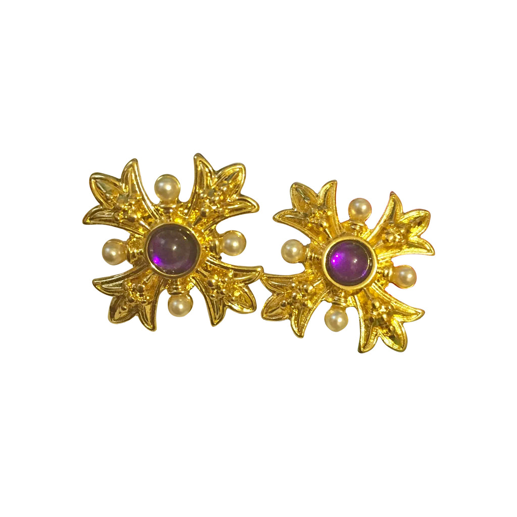 Clip On Baroque Gold Crosses With Pearl Detail - Purple