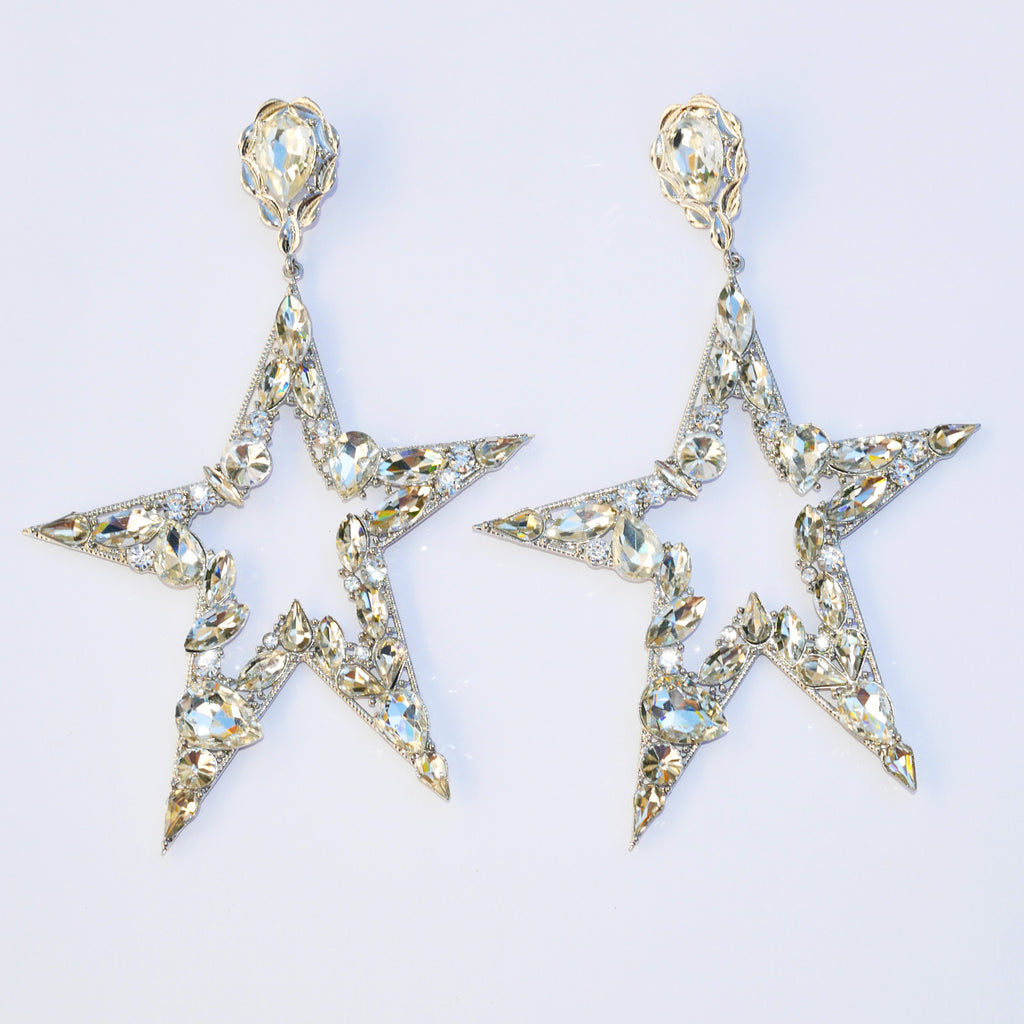 Large Crystal Star Earrings - Silver