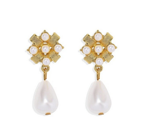 Drop Pearl Cross Earrings - Gold