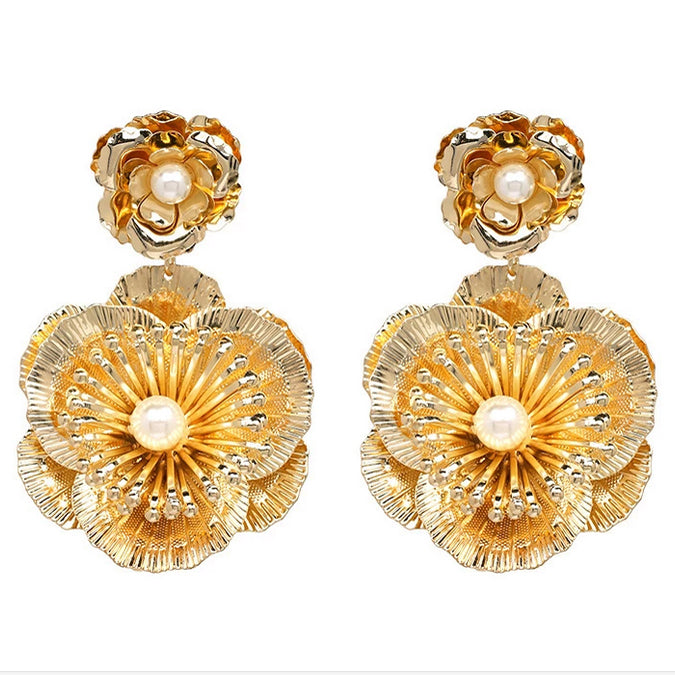 Large Floral Pearl Drop Earrings - Gold