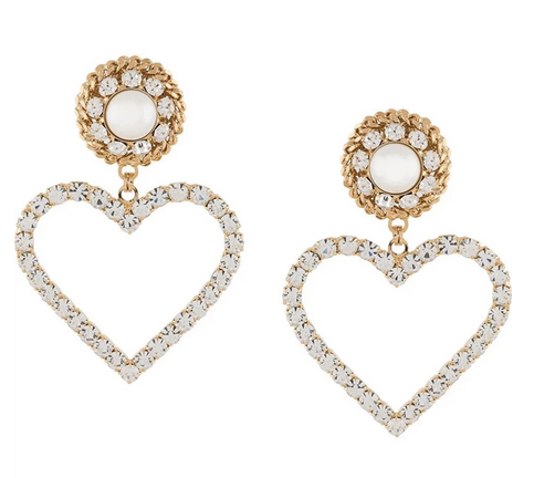 Large Heart Pearl + Crystal Drop Earrings - Gold