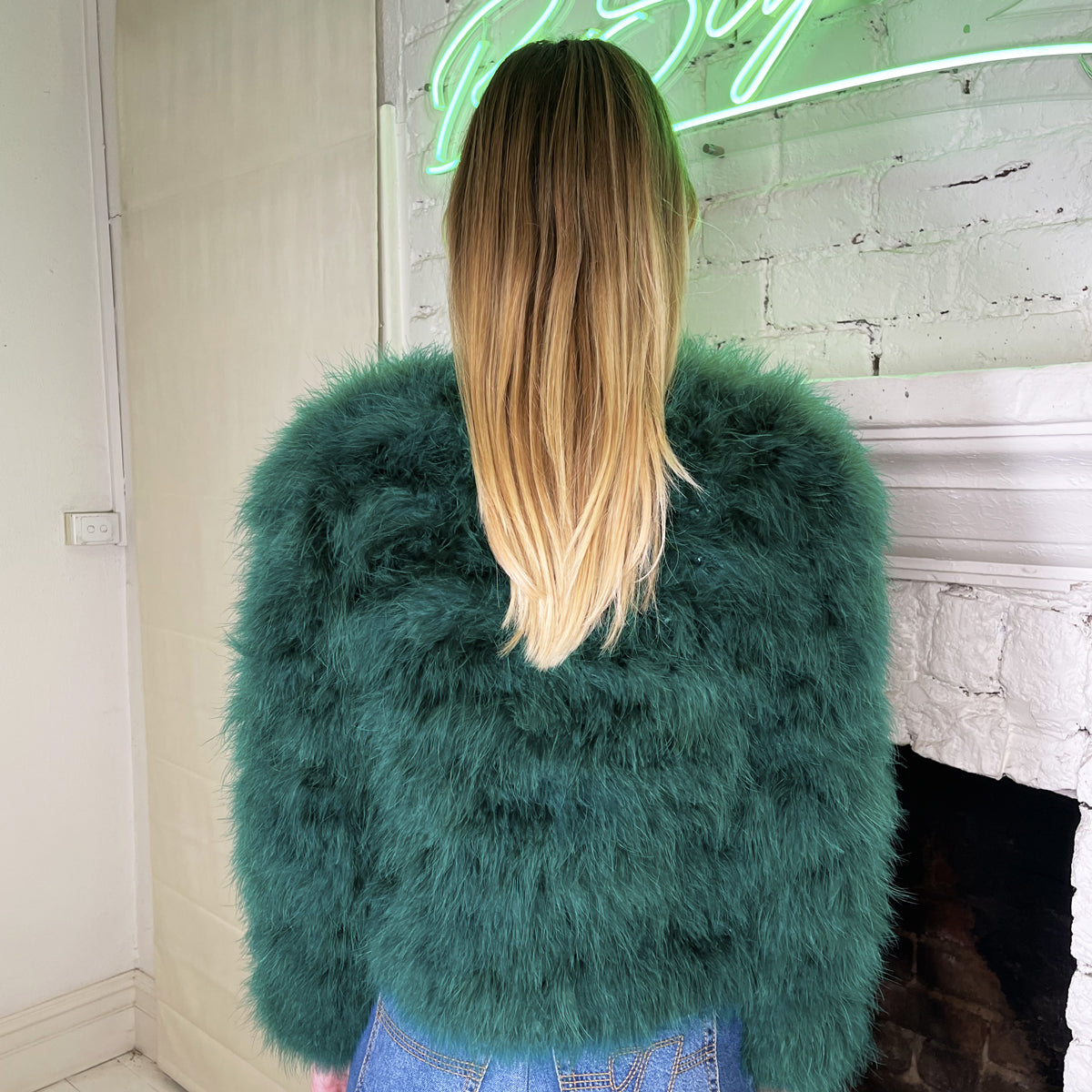 Green ostrich feather clearance jacket