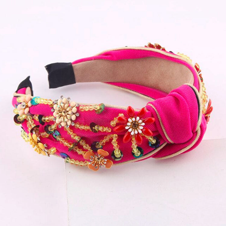 Embroidered Floral Knot Headband - Hot Pink