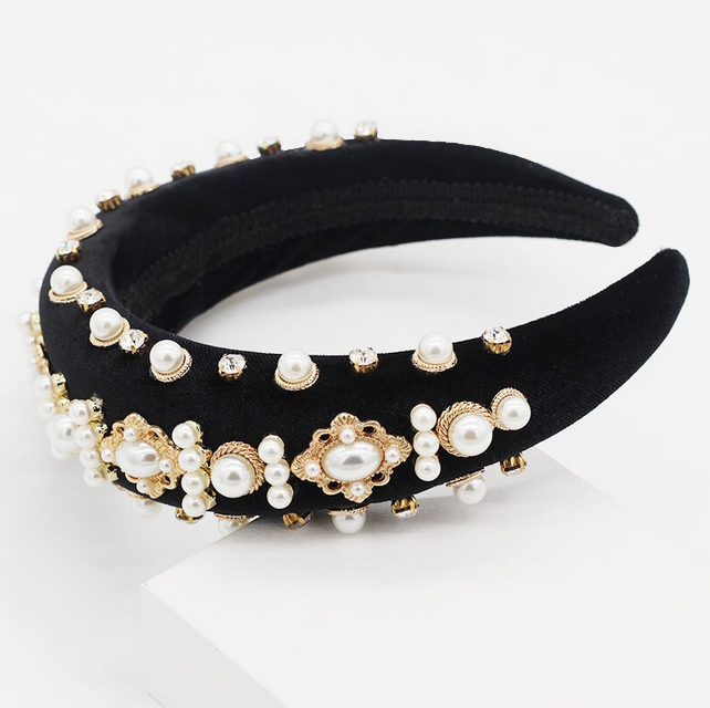 Velvet Embellished Pearl Headbead - Black | Bridget Hudson display picture 1