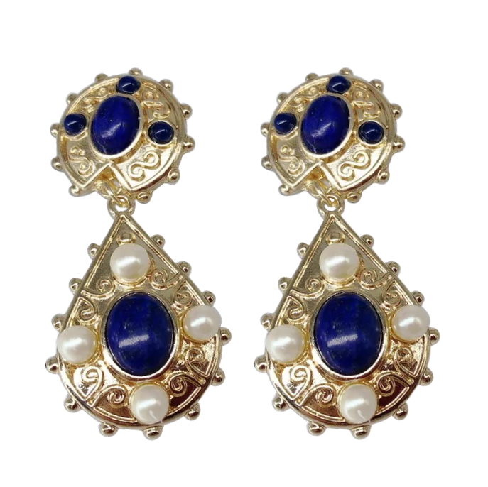 Baroque Ornate Pearl Drop Earrings - Gold + Blue