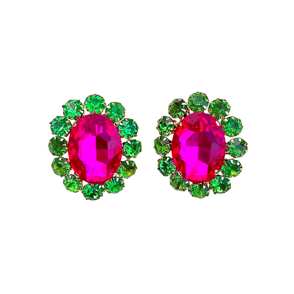 Oversized Jewel Stud Earrings - Hot Pink / Lime