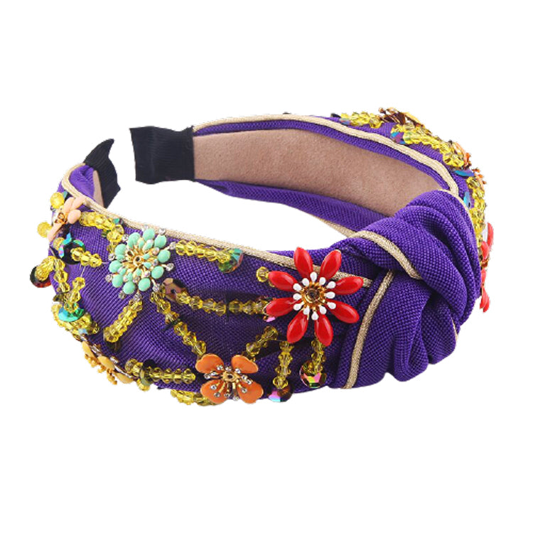 Embroidered Floral Knot Headband - Purple