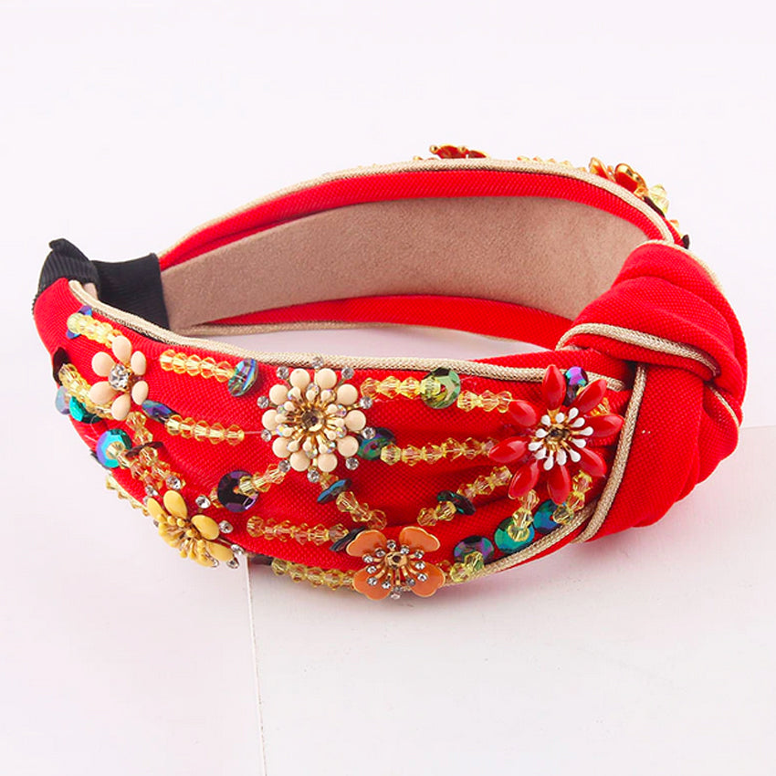 Embroidered Floral Knot Headband - Red