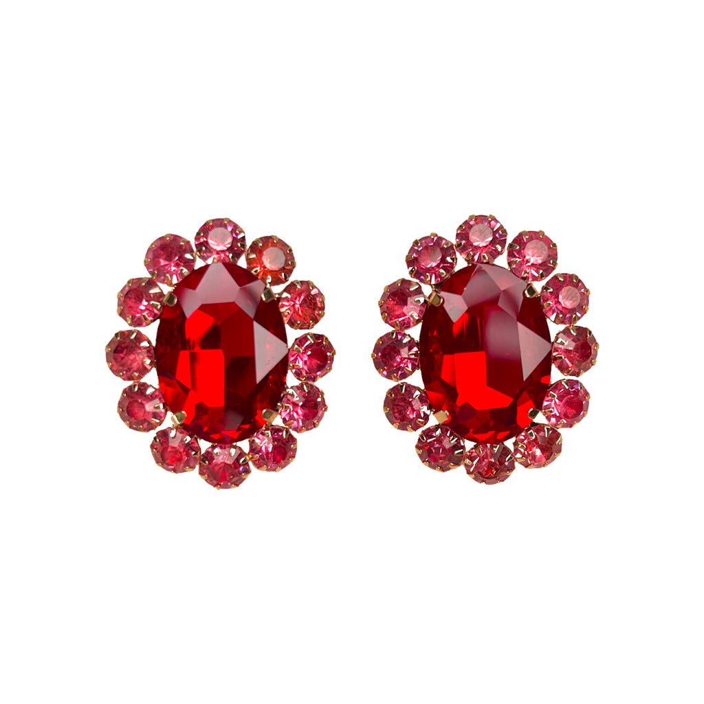 Oversized Jewel Stud Earrings - Red / Pink