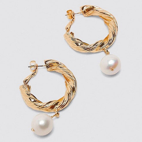 Twisted Pearl Hoop Earrings - Gold