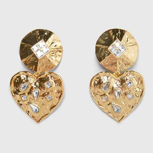 Bejewelled Heart Hammered Earrings - Gold