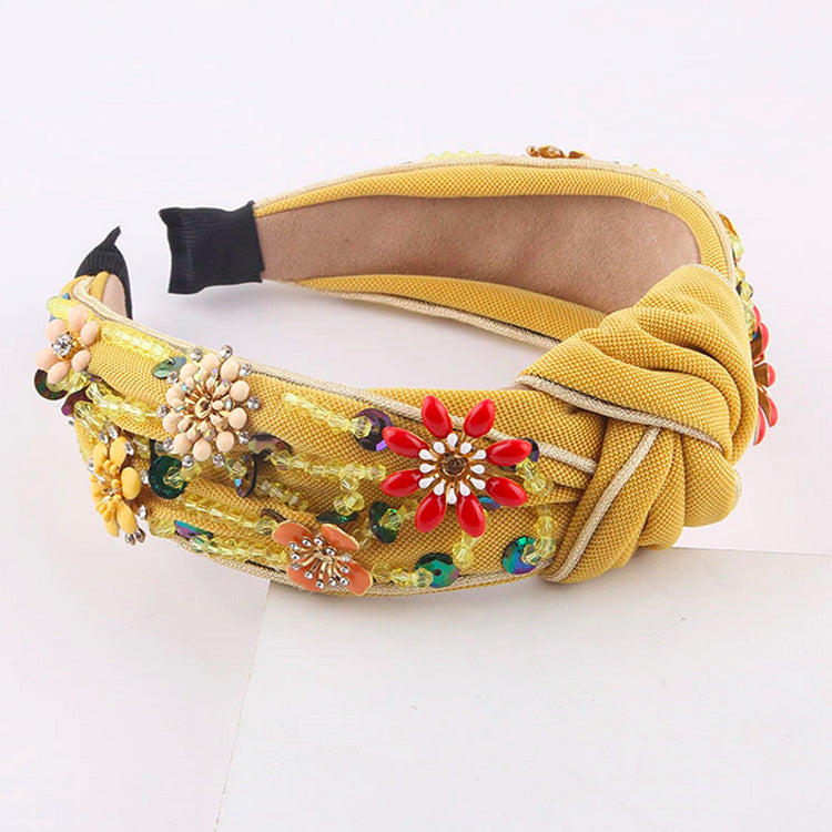 Embroidered Floral Knot Headband - Yellow